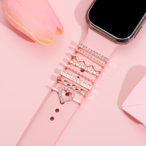 Watch Band Charms Set,Cute Metal Decorative Ring Loops Charms for iWatch Series 7 6 5 4 3 2 1 Silicone Watchband Decorative Charms for iwatch 45mm 41mm 44mm 40mm 42mm 38mm Metal Diamond Charms Accessories (No Band) in Kuwait