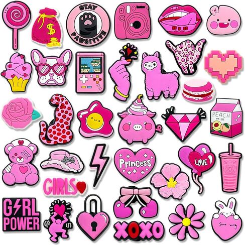 35Pcs Preppy Pink Shoe Charms for Clogs Sandals Bracelet Wristband Slippers Water Shoes, Cute Pink Aesthetic Shoe Decoration Charms for Kid Girls Party Favor Gifts in Kuwait