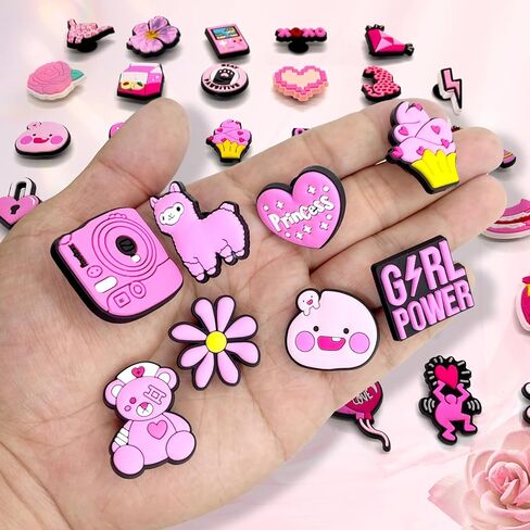 35Pcs Preppy Pink Shoe Charms for Clogs Sandals Bracelet Wristband Slippers Water Shoes, Cute Pink Aesthetic Shoe Decoration Charms for Kid Girls Party Favor Gifts in Kuwait