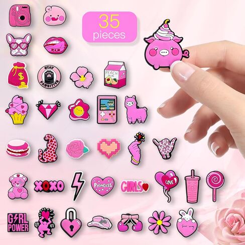 35Pcs Preppy Pink Shoe Charms for Clogs Sandals Bracelet Wristband Slippers Water Shoes, Cute Pink Aesthetic Shoe Decoration Charms for Kid Girls Party Favor Gifts in Kuwait