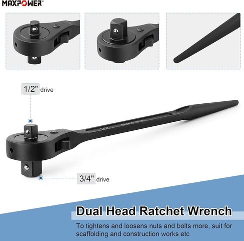 MAXPOWER 2PCS Low Profile Ratchet Scaffold Wrench Set, 7/8 Inch x 3/4 Inch Dual Socket Spud Ratchet, 17 mm x 19 mm Metric Spud Ratchet Scaffold Wrench in Kuwait