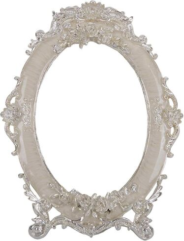Decorative Tabletop Dressing Mirror Unique Metal Countertop Vanity Makeup Mirror Rose Embossed Antique Oval Mirror with Stand for Home, Bedroom, Dressers, Living Room, Bathroom White in Saudi Arabia