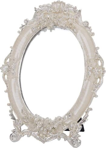 Decorative Tabletop Dressing Mirror Unique Metal Countertop Vanity Makeup Mirror Rose Embossed Antique Oval Mirror with Stand for Home, Bedroom, Dressers, Living Room, Bathroom White in Saudi Arabia