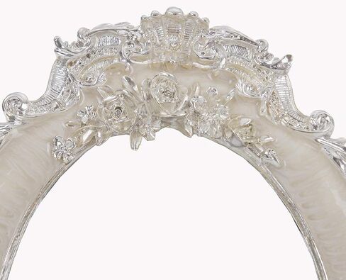 Decorative Tabletop Dressing Mirror Unique Metal Countertop Vanity Makeup Mirror Rose Embossed Antique Oval Mirror with Stand for Home, Bedroom, Dressers, Living Room, Bathroom White in Saudi Arabia