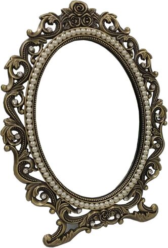 Decorative Tabletop Dressing Mirror Unique Metal Countertop Vanity Makeup Mirror Rose Embossed Antique Oval Mirror with Stand for Home, Bedroom, Dressers, Living Room, Bathroom White in Saudi Arabia