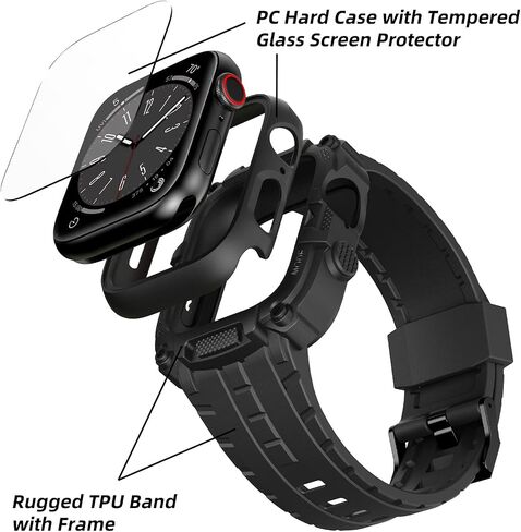 Compatible for Apple Watch Band 45mm 44mm with Case Built-in Screen Protector,Men Rugged Case with Sport Military Protective Strap for iWatch Series 9/8/7/6/SE/5/4 in Saudi Arabia