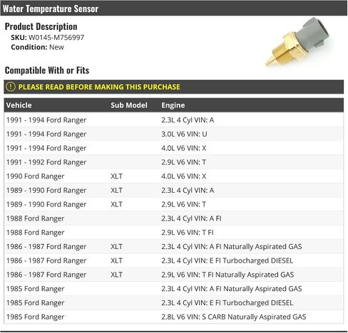 Water Temperature Sensor - Compatible with 1985-1994 Ford Ranger XLT in Saudi Arabia