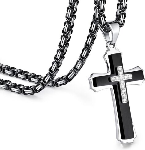 قلادة البيزنطية الصليب للرجال ، والفضة الفضية السوداء الصلب غير القابل للصدأ سلسلة قلادة قلادة المذكر مكتنزة متينة مسيحية الهدية المسيحية 22/24 بوصة in Kuwait