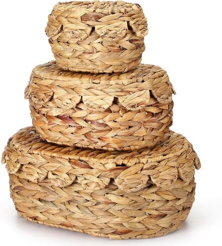 3 Set Scalloped Wicker Baskets with Lids Hand Rattan Baskets 9. 8/13/14. 2 Inch Water Hyacinth Boxes Woven Nesting for Storage Organizing Home Decorations in Saudi Arabia