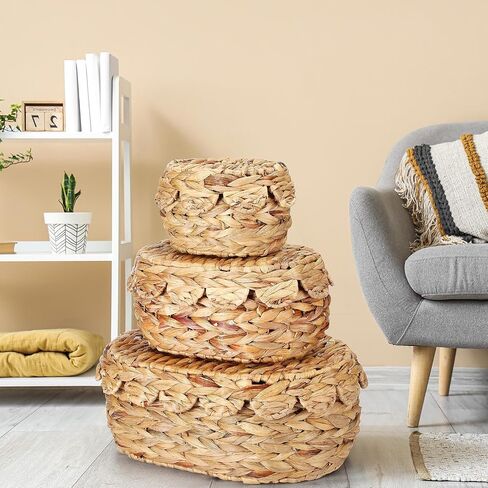 3 Set Scalloped Wicker Baskets with Lids Hand Rattan Baskets 9. 8/13/14. 2 Inch Water Hyacinth Boxes Woven Nesting for Storage Organizing Home Decorations in Saudi Arabia