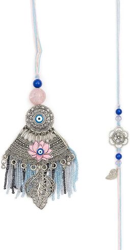 Aijani Bhaiya Bhabhi Rakhi مع Evil Eye & Lotus Design | مجموعة Rakhi المطلية بالفضة العتيقة مع الخرز ، الشرابات وسحر الأوراق | هدية راكشا بانهان لأخ وأخت زوجة in Saudi Arabia