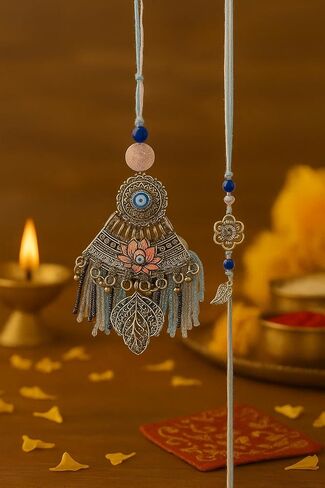 Aijani Bhaiya Bhabhi Rakhi مع Evil Eye & Lotus Design | مجموعة Rakhi المطلية بالفضة العتيقة مع الخرز ، الشرابات وسحر الأوراق | هدية راكشا بانهان لأخ وأخت زوجة in Saudi Arabia