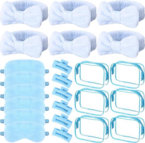 Hoteam 24 PCS Pink Party Favors Sleep Over Party Favors 6 SPA Beadband 6 Plush Sleep Eye Mask 6 Clips Hair Claw Clips 6 Clear Cosmetic Facs for Slumber Party Spa in Kuwait