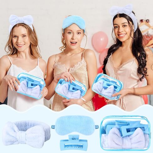 Hoteam 24 PCS Pink Party Favors Sleep Over Party Favors 6 SPA Beadband 6 Plush Sleep Eye Mask 6 Clips Hair Claw Clips 6 Clear Cosmetic Facs for Slumber Party Spa in Kuwait