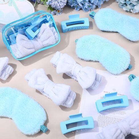 Hoteam 24 PCS Pink Party Favors Sleep Over Party Favors 6 SPA Beadband 6 Plush Sleep Eye Mask 6 Clips Hair Claw Clips 6 Clear Cosmetic Facs for Slumber Party Spa in Kuwait