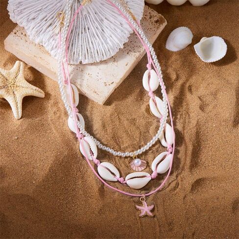 Bohemian Puka Shell Starfish Scallop Choker Necklace for Women Boho Handmade Summer Beach Seashell Imitation Pearl Layered Necklace Hawaii Holiday Jewelry Gift in Saudi Arabia