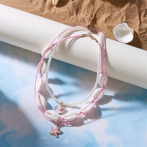 Bohemian Puka Shell Starfish Scallop Choker Necklace for Women Boho Handmade Summer Beach Seashell Imitation Pearl Layered Necklace Hawaii Holiday Jewelry Gift in Saudi Arabia