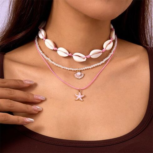 Bohemian Puka Shell Starfish Scallop Choker Necklace for Women Boho Handmade Summer Beach Seashell Imitation Pearl Layered Necklace Hawaii Holiday Jewelry Gift in Saudi Arabia