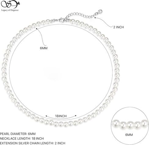 Pearl Necklaces for Women 5mm/6mm/8mm Dainty Round Imitation Pearl Choker Necklace with Extenders Pearl Silver Necklace Costume Jewelry Set Bridesmaid Gifts for Women in Kuwait
