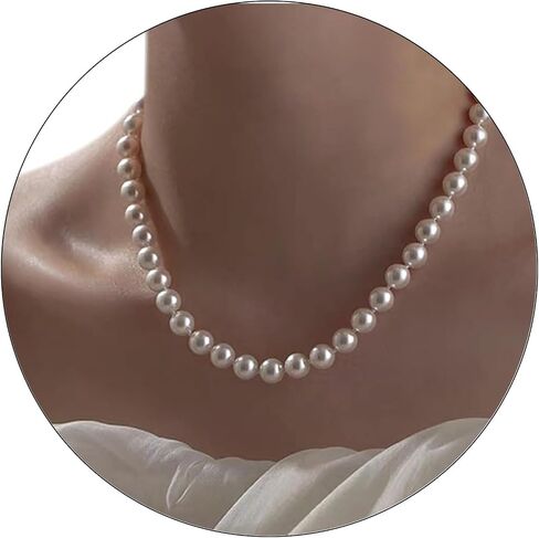 Pearl Necklaces for Women 5mm/6mm/8mm Dainty Round Imitation Pearl Choker Necklace with Extenders Pearl Silver Necklace Costume Jewelry Set Bridesmaid Gifts for Women in Kuwait