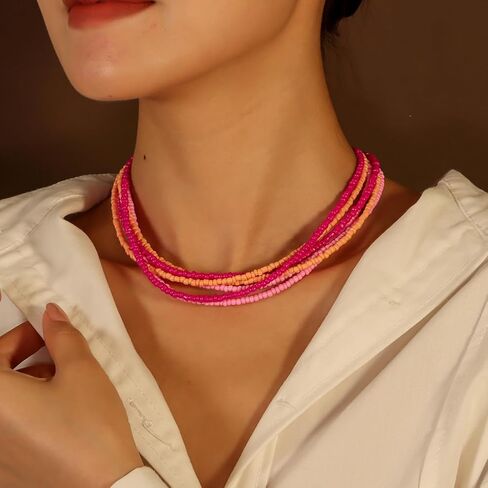 Fuqimanman2020 Bohemian Multi Layer Seed Beads Cluster Choker Necklace for Women Multicolor Summer Holiday Party Jewelry in Saudi Arabia
