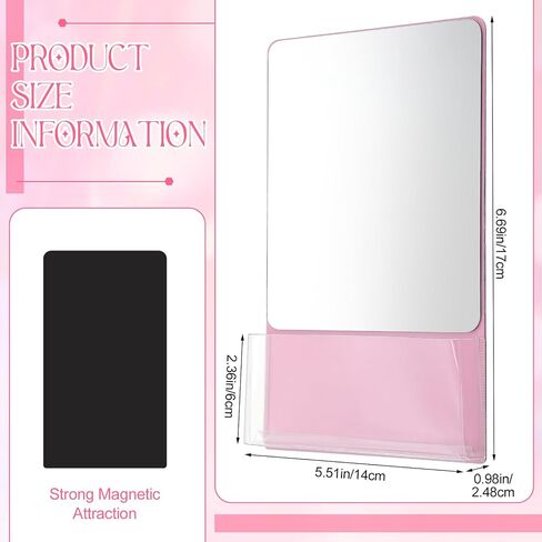 1 Pcs Magnetic Locker Mirror 6.69 x 5.51 Small Real Glass Mirror with Organizer Holder Bag and Magnet Backing Safe Pink Locker Accessory for School Cabinet Office Bathroom Gym Refrigerator in Saudi Arabia