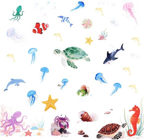 6pcs Ocean Creature Marine Bathtub Stickers, 5.9x7.8 Inch Colorful Waterproof Large Non-Slip Coral Octopus Starfish Whale Turtle Adhesive Decals Threads for Kids Sea Bath Tub Shower Floor in Kuwait