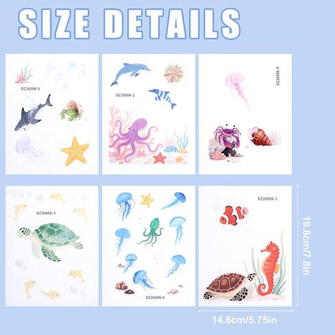 6pcs Ocean Creature Marine Bathtub Stickers, 5.9x7.8 Inch Colorful Waterproof Large Non-Slip Coral Octopus Starfish Whale Turtle Adhesive Decals Threads for Kids Sea Bath Tub Shower Floor in Kuwait