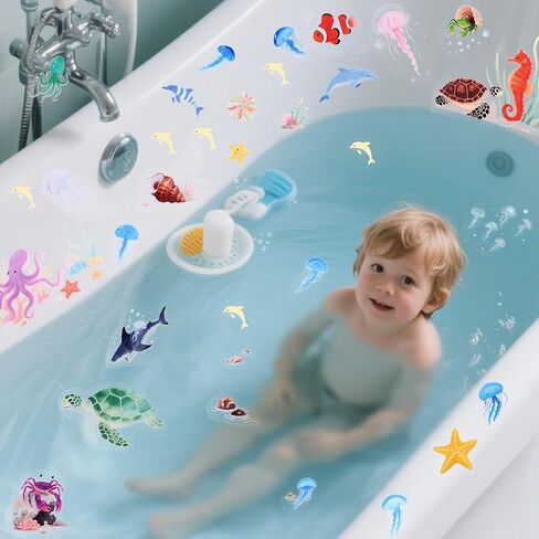 6pcs Ocean Creature Marine Bathtub Stickers, 5.9x7.8 Inch Colorful Waterproof Large Non-Slip Coral Octopus Starfish Whale Turtle Adhesive Decals Threads for Kids Sea Bath Tub Shower Floor in Kuwait