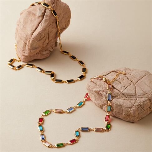 OIDIMS Dainty Colorful Glass Beaded Gold Choker Necklaces for Women Trendy Rectangular Clavicle Chain Adjustable Multicolor Handmade Gemstone Rainbow Bead Link Boho Y2k Statement Jewelry Party Prom in Saudi Arabia