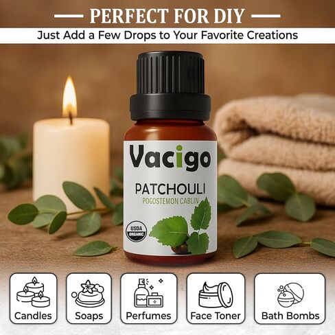Organic Patchouli Essential Oil – 100% Pure & Natural – Therapeutic Grade, Undiluted Patchouli Oil for Skincare, Diffusers, Candle Making & Aromatherapy – 0.51 fl oz – Sourced from Burundi in Saudi Arabia
