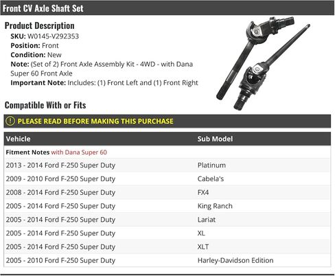 مجموعة عمود محور السيرة الذاتية الأمامية-متوافقة مع 2005-2014 Ford F-250 Super Duty (مع محور أمامي فائق 60) in Saudi Arabia