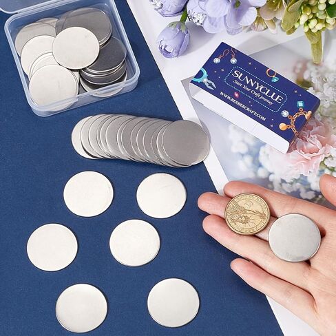 Sunnyclue 1 Box 40pcs ألواح ختم الفولاذ المقاوم للصدأ ختم العلامة المعدنية مسطحة 25 ملم جولة الفضة بقعة قرص فارغة قابلة للانقاذ لنقش المجوهر in Kuwait