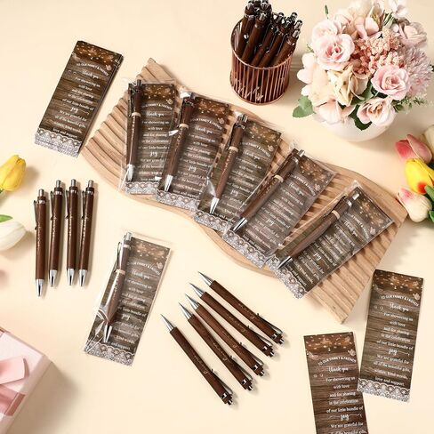 Spakon 72 Sets Rustic Baby Shower Pens for Guests Return Gifts Include 72 Walnut Bamboo Ballpoint Pens 72 Thank You Bookmarks Baby Shower Game Prizes Souvenirs Thank You Gifts Gender Reveal Party in Saudi Arabia