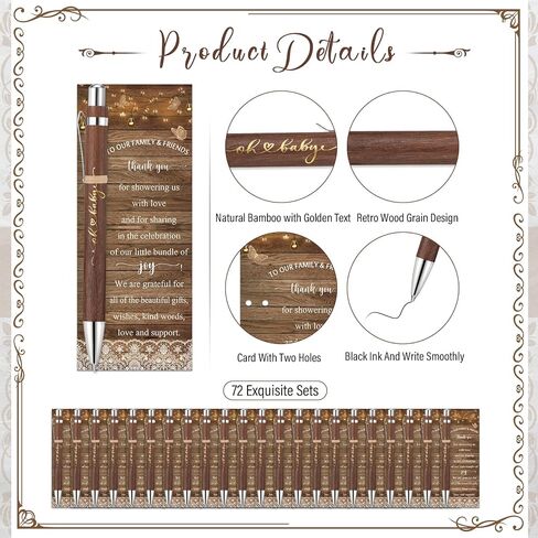Spakon 72 Sets Rustic Baby Shower Pens for Guests Return Gifts Include 72 Walnut Bamboo Ballpoint Pens 72 Thank You Bookmarks Baby Shower Game Prizes Souvenirs Thank You Gifts Gender Reveal Party in Saudi Arabia