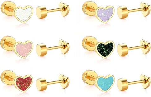 Gold Flat Back Stud Earrings for Women, 14K Gold Plated 316L Hypoallergenic Surgical Steel Earrings, Cute Small Star Heart Stud Earrings for Sensitive Ears, 18G Post Screw Back Trendy Jewelry Gifts in Kuwait