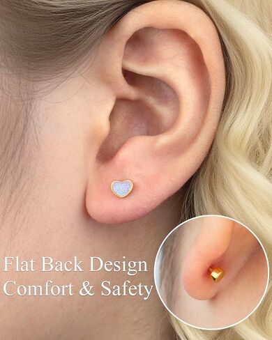 Gold Flat Back Stud Earrings for Women, 14K Gold Plated 316L Hypoallergenic Surgical Steel Earrings, Cute Small Star Heart Stud Earrings for Sensitive Ears, 18G Post Screw Back Trendy Jewelry Gifts in Kuwait