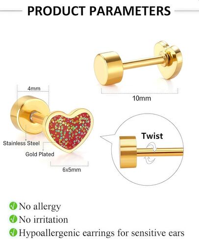 Gold Flat Back Stud Earrings for Women, 14K Gold Plated 316L Hypoallergenic Surgical Steel Earrings, Cute Small Star Heart Stud Earrings for Sensitive Ears, 18G Post Screw Back Trendy Jewelry Gifts in Kuwait