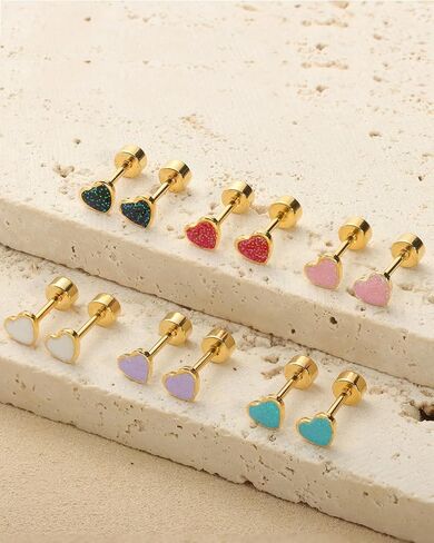 Gold Flat Back Stud Earrings for Women, 14K Gold Plated 316L Hypoallergenic Surgical Steel Earrings, Cute Small Star Heart Stud Earrings for Sensitive Ears, 18G Post Screw Back Trendy Jewelry Gifts in Kuwait