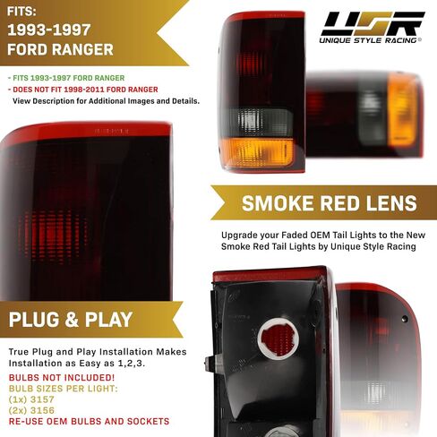 USR 93-97 Ranger Pick-up Tail Light Set-زوج مصابيح الذيل المدخن (يسار + يمين) متوافق مع عام 1993-1997 Ford Ranger Pickup Truck جميع الطرز والقطرات الثانية (عدسة دخان حمراء ، قابس حقيقي ومشغل) in Saudi Arabia