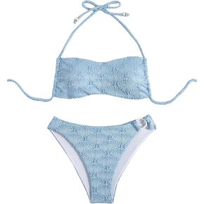 MakeMeChic Women's Bikini Sets Textured Halter Ring Linked Tie Back Cheeky Bathing Suit in Saudi Arabia