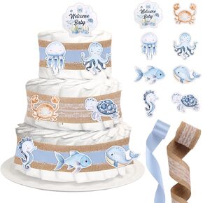 Baby Shower Storybook Theme Diaper Cake Decorations, Birthday Welcome Baby Party Diaper Cake Supplies Green, Include Ribbon, Animals Cake Cards(Diaper Not Included) in Kuwait