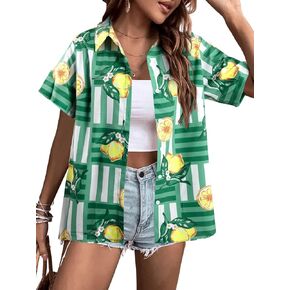 قمصان هاواي للنساء قمصان هاواي الاستوائية المطبوعة بالزهور بأزرار سفلية ورقبة على شكل حرف V وأكمام قصيرة وبلوزات علوية in Kuwait