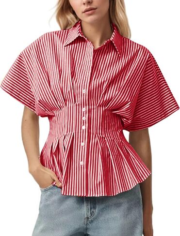 Casual Striped Button Down Shirts for Women Lapel V Neck Pleated Short Sleeve Blouse Peplum Tops Business Work Tops in Saudi Arabia