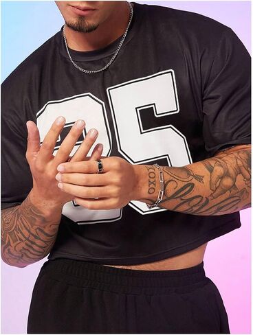 Milumia Men's Number Print Short Sleeve Crop Tops Crewneck Loose Fit T Shirts Streetwear in Saudi Arabia