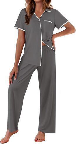 Ekouaer Women Pajamas Set Button Down Notch Collar Soft Short Sleeve Pjs Set with Long Pant Set Lounge Set in Saudi Arabia