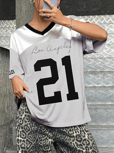 قمصان جيرسي كبيرة الحجم للنساء - V للبيسبول بالبيسبول/كرة القدم قميص القميص رقم Y2K Streetwear Teeps Tops in Kuwait