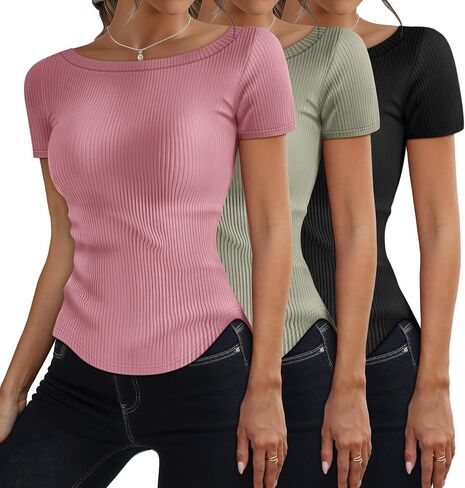 Riyiper 3 Pack Women Short Sleeve مضلعة متماسكة القمصان النحيفة القارب القارب المنحنية المنحنية قمم غير رسمية in Saudi Arabia