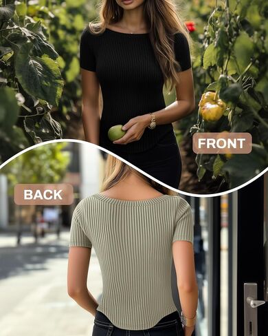 Riyiper 3 Pack Women Short Sleeve مضلعة متماسكة القمصان النحيفة القارب القارب المنحنية المنحنية قمم غير رسمية in Saudi Arabia