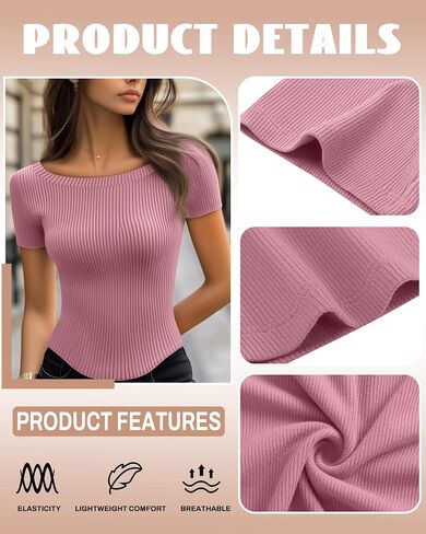 Riyiper 3 Pack Women Short Sleeve مضلعة متماسكة القمصان النحيفة القارب القارب المنحنية المنحنية قمم غير رسمية in Saudi Arabia